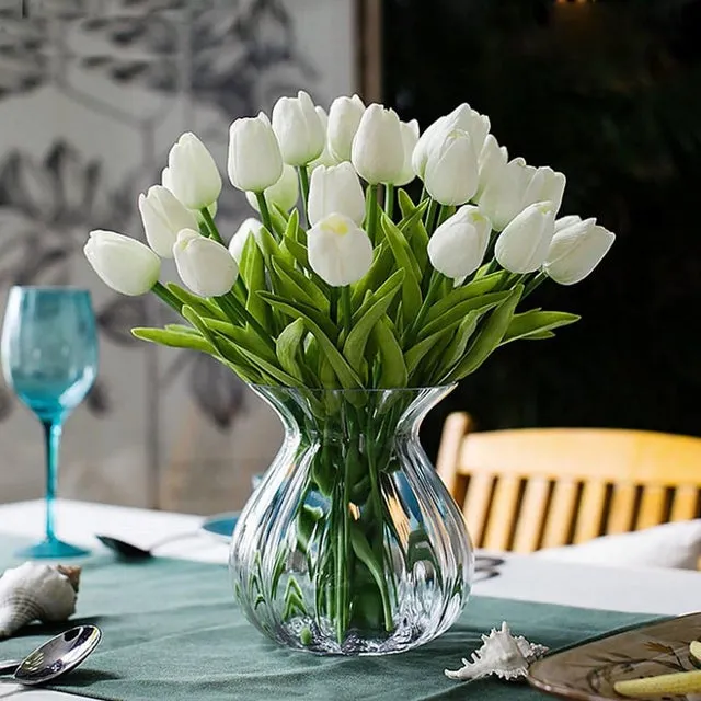 Ramo de 10 magníficas tulipanes artificiales de PU con tacto realista y tallo blanco.