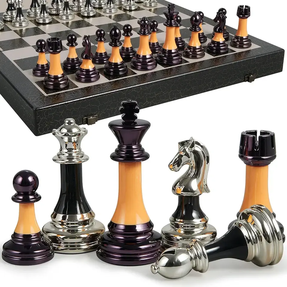 BIVOMON Chess Set 16" Wooden Foldable Black White Chess Board 3.5" Luxury Weighted Acrylic Chess Pieces with Storage Slots for Adults Children Gift Large