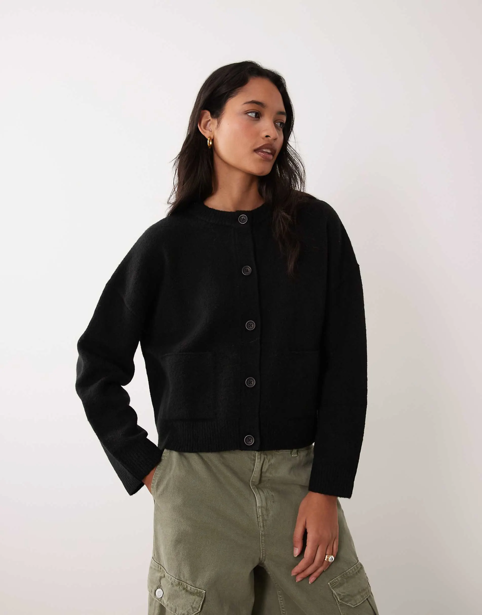 Miss Selfridge crew neck pocket detail cardigan in black