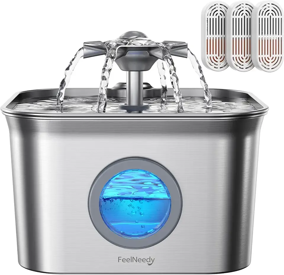 Stainless Steel Cat Water Fountain, 2.8L with 20dB Ultra-Quiet Pump- Ideal for Timid Pets, LED Water Level Window, Dishwasher Safe, 24/7 Circulation- Includes 3 Replacement Filters