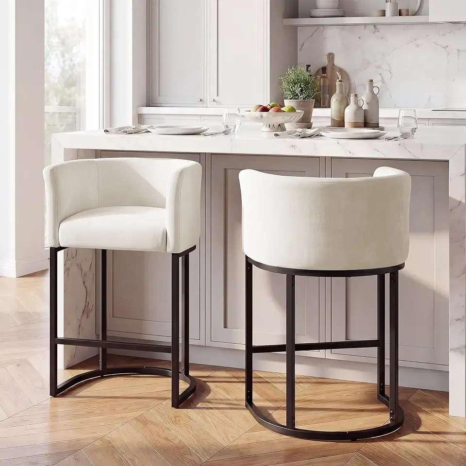 GRUSIGN Chenille Counter Height Bar Stools Set of 2, 26" Kitchen Island Stools with Arms & Footrest, Upholstered Barrel Back Bar Chairs for Kitchen, Dining Room, Bar & Lounge Area, Off-White