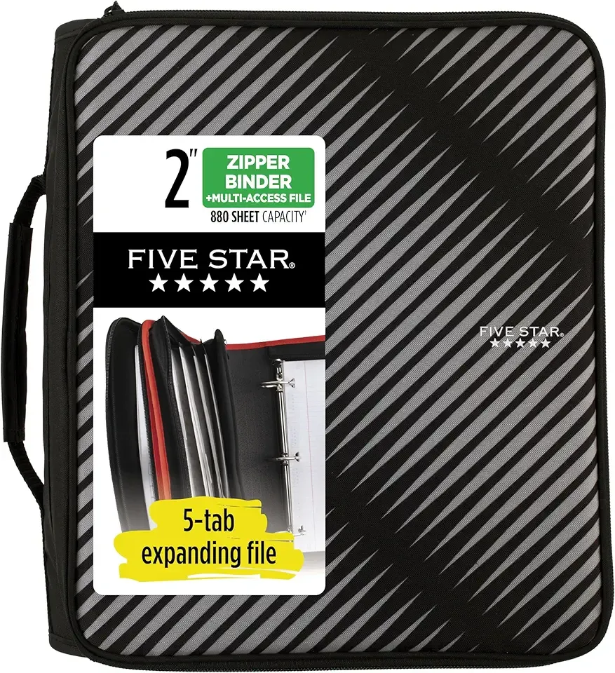 Five Star Zipper Binder, 2 Inch 3-Ring Binder with Round Rings, 5-Tab Expanding File, 380 Sheet Capacity, Black (72536)