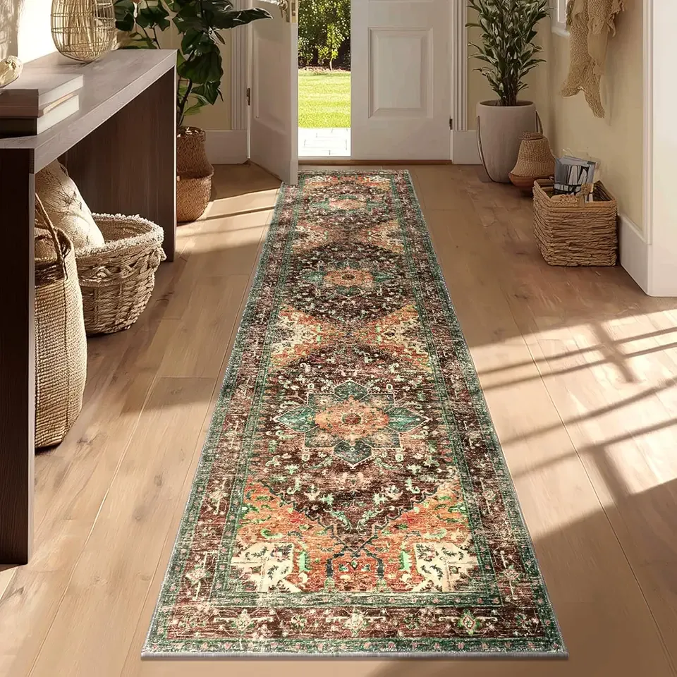 Yamaziot Washable Runner Rug, 2x8 Non-Slip Boho Vintage Hallway Rug Runner with Rubber Backing, Stain Resistant & Low Pile Faux Wool Distressed Carpet Runner for Bedroom, Kitchen, Laundry, Entrance