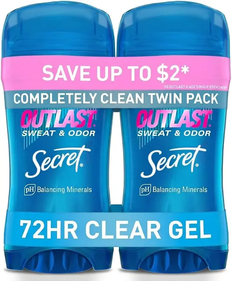 Secret Outlast Antiperspirant Deodorant for Women, 72hr Sweat & Odor Protection, PH Balancing Minerals, Pro-Hyaluronic Acid, Clear Gel, Completely Clean Scent, 2.6 oz (Pack of 2)