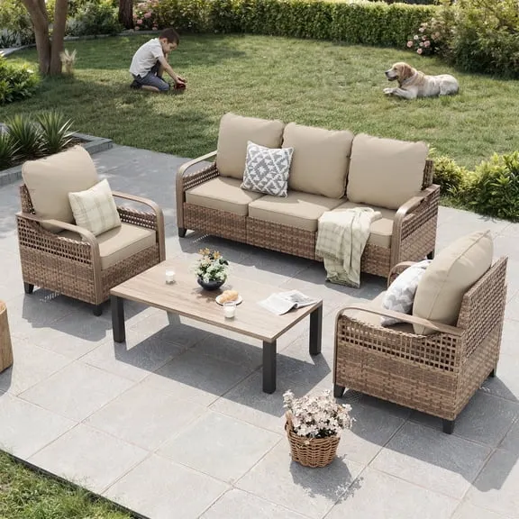 Clearance ELPOSUN 5-Seat Outdoor Patio Furniture Set - Modular Wicker Sectional Sofa & Thickened Cushions for Garden, Porch, Yard, and Poolside