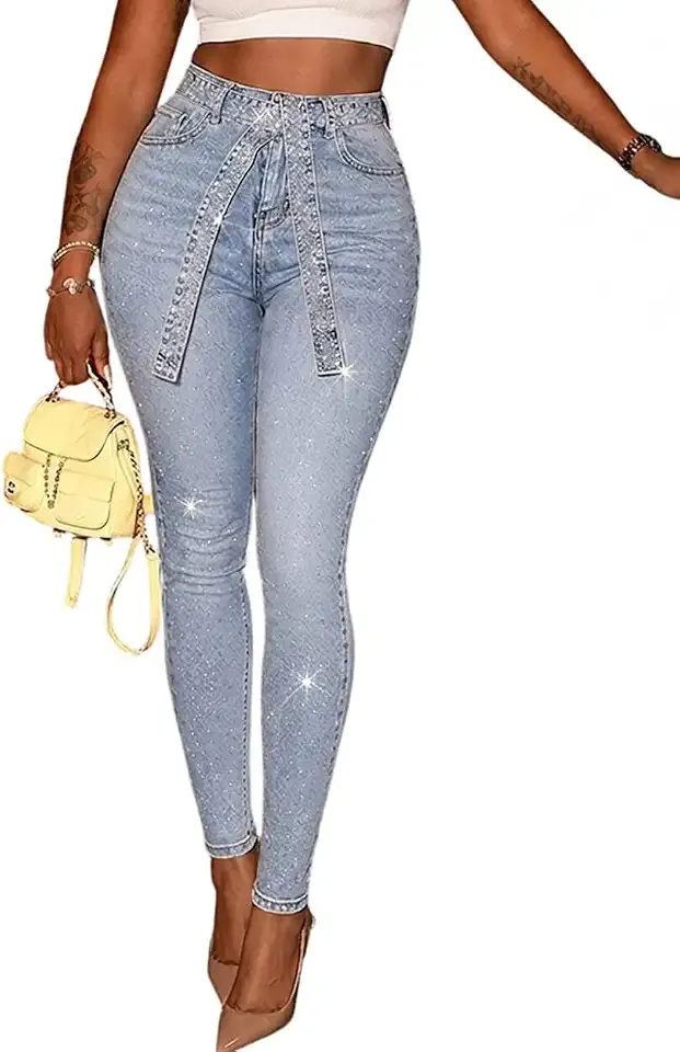 Women's Rhinestone Skinny Jeans Light Blue High Waisted Stretchy Denim Pants with Belt Party Date Night