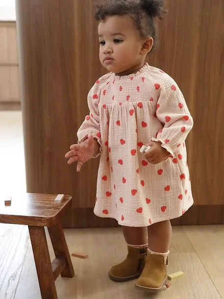 Robe bébé imprimée de petits coeurs - rose poudré