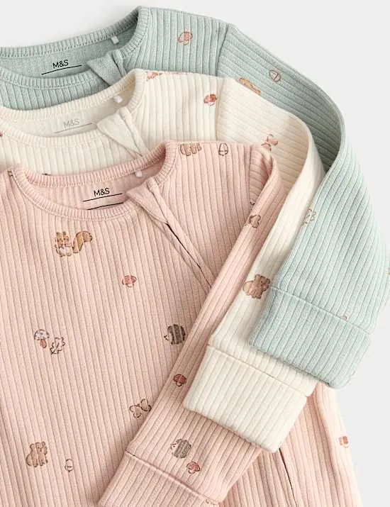3 Pack Cotton Rich Woodland Sleepsuits (7lbs-3 Yrs)