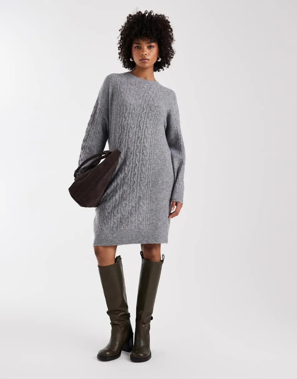 Pieces cable knitted mini dress in medium grey melange