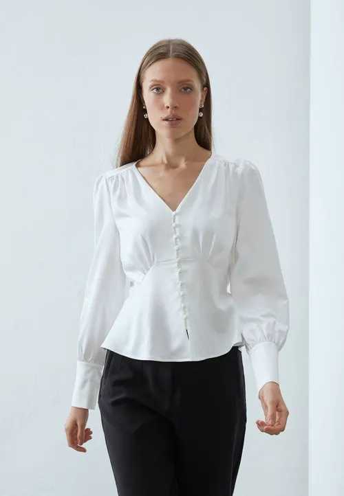 SATIN LONG SLEEVES BUTTON THROUGH BLOUSE - Bluse - off-white