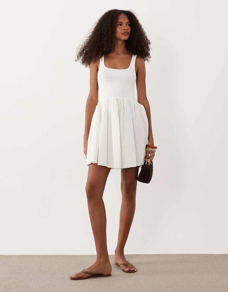 ASOS DESIGN scoop ribbed bodice with poplin skirt mini dress in white