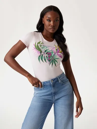 Guess Leaf Triangle Tee In Low Key Pink