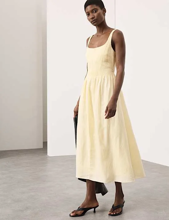 Linen Rich Pintuck Midaxi Skater Dress