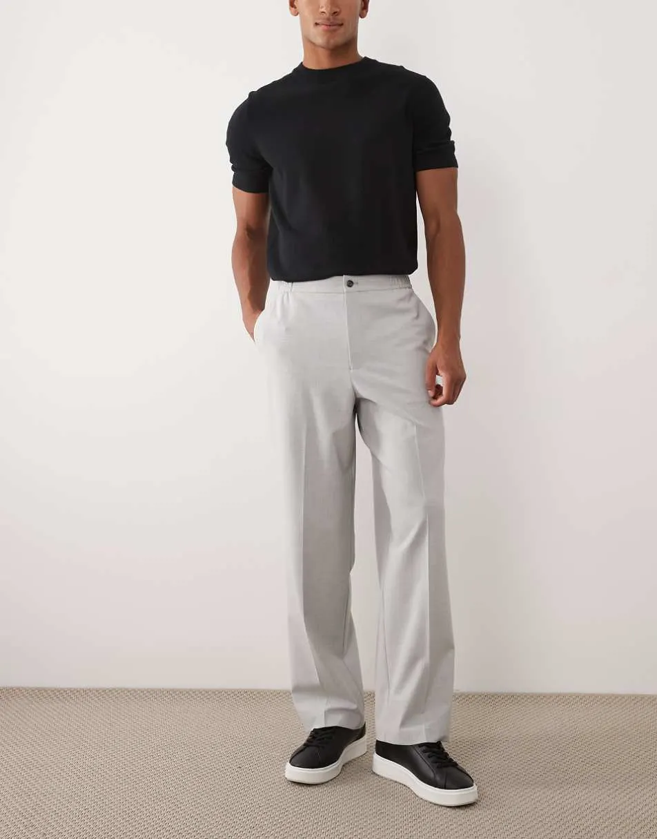 ASOS DESIGN smart comfort stretch wide leg trousers in grey with elasticated waist