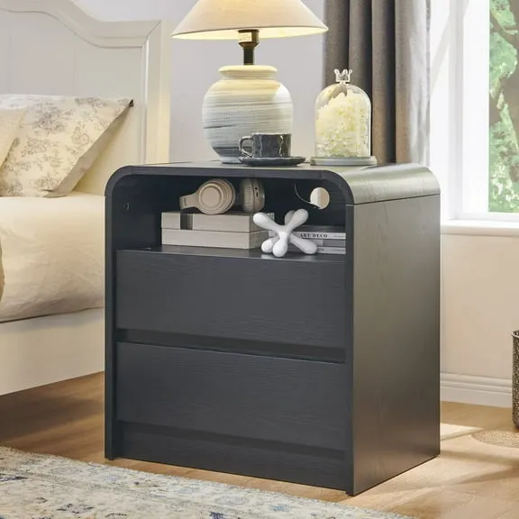 wow97e 2 Drawers Bedside Table, Modern Nightstand with Charging Station, Curved Profile Design, Mid Century End Table for Bedroom, Living Room