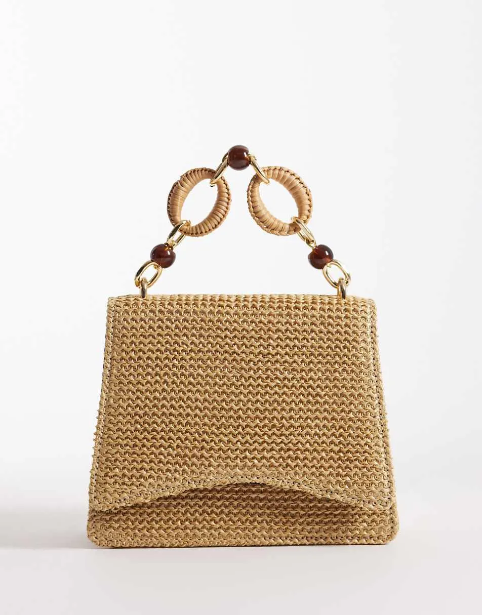 ASOS DESIGN straw crossbody bag with resin top handle and detachable cross body strap in natural