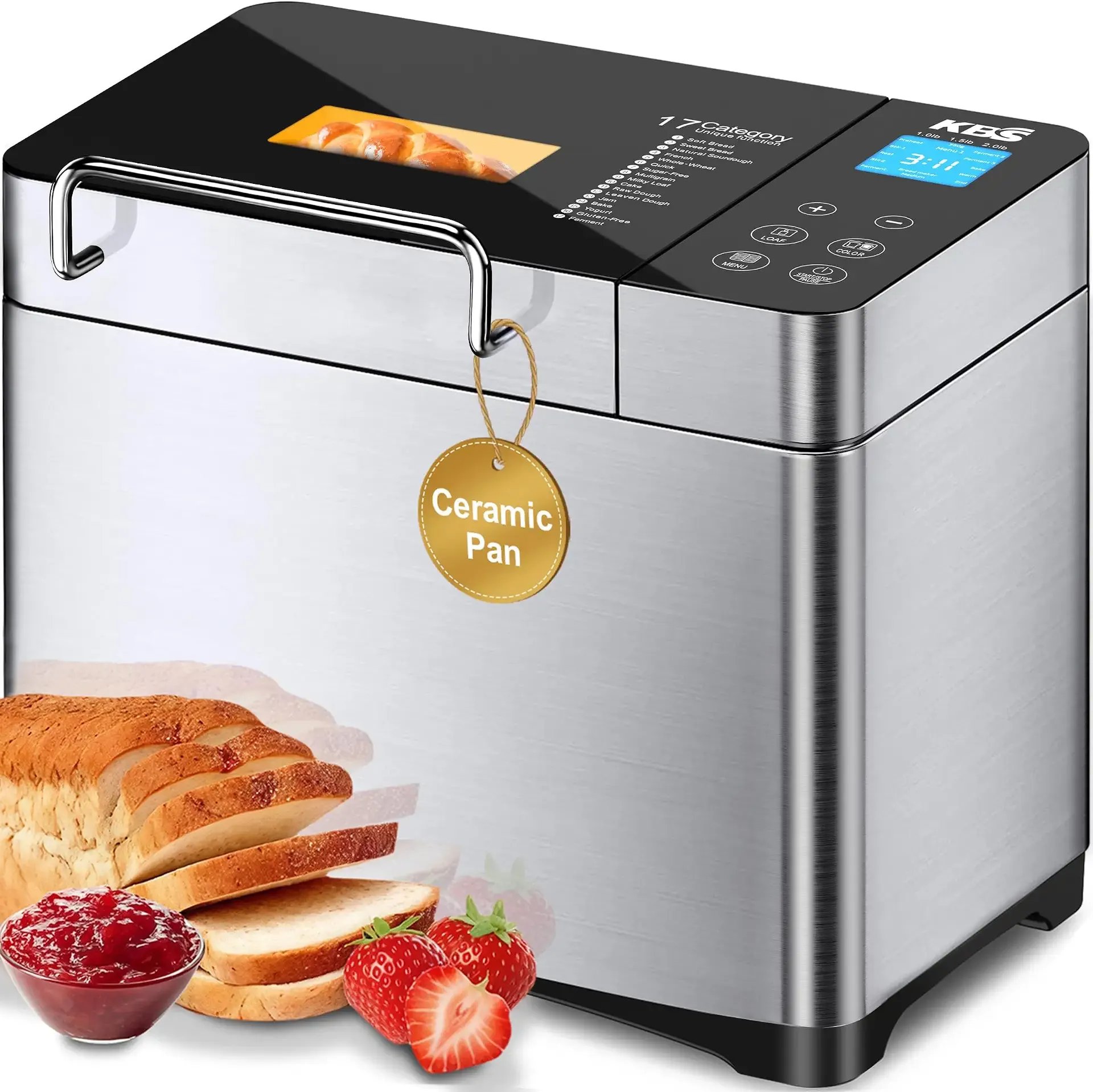 KBS Pro 710W 2.2LB Bread Maker, Stainless Steel 17-in-1 Smart Bread Machine with Healthy Ceramic Pan, Automatic Nut Dispenser, Tempered Glass Touch Panel, 3 Crust Colors, 15H Timer &Keep-Warm, Recipes