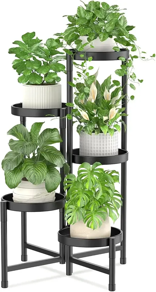 iDavosic.ly Plant Stand Indoor Outdoor, 5 Tier Corner Metal Flower Display Holder Shelf, Easy Assembly Folding Tall Orchid Rack for Patio Balcony Porch Garden Living Room House, Black