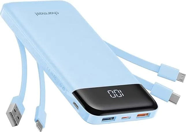 Charmast Portable Charger with Built in Cables, Power Bank with Cords Wires, Slim 10000mAh Travel Battery Pack 6 Outputs 3 Inputs 3A Fast Charging for Samsung Google Pixel LG Moto iPhone iPad