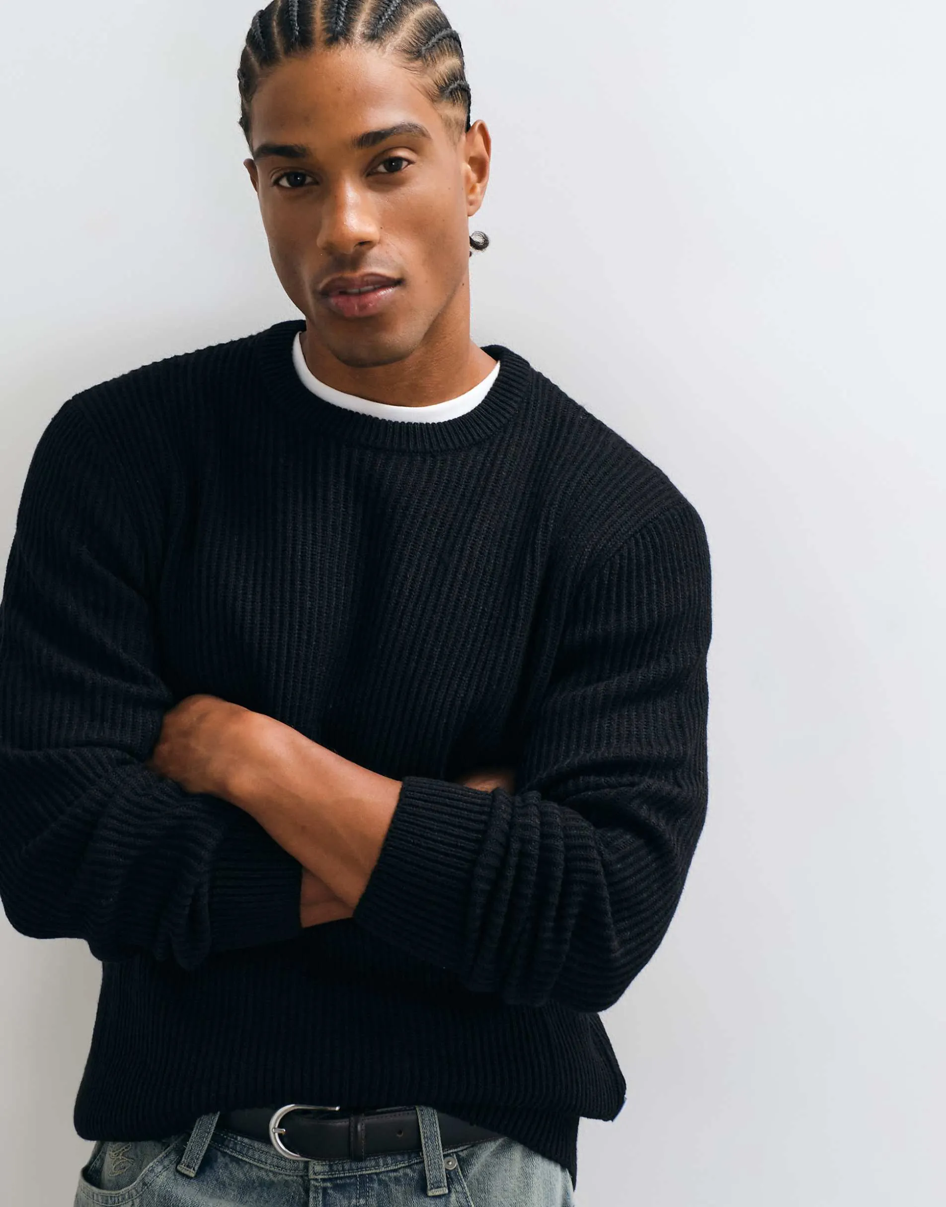 Jack & Jones fine rib jumper in black