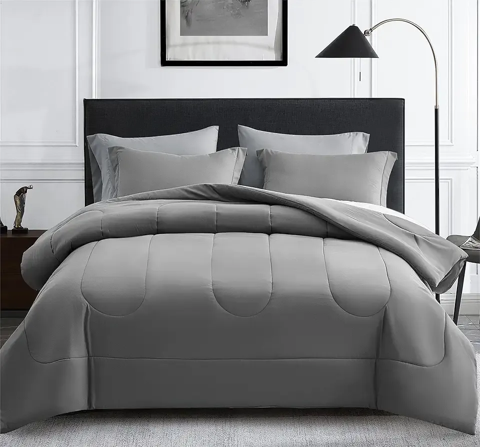 Maple&Stone Full Size Comforter Set 7 Pieces Bed in a Bag - Down Alternative Bed Set with Sheets, Pillowcases & Shams, Soft Reversible Duvet Insert,Grey