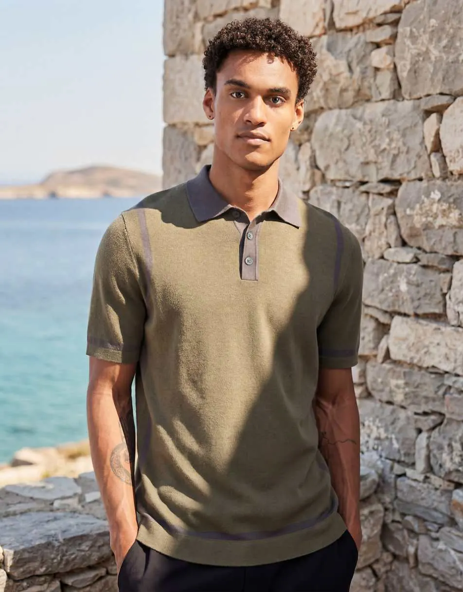ASOS DESIGN knitted polo with panel detail in khaki and grey