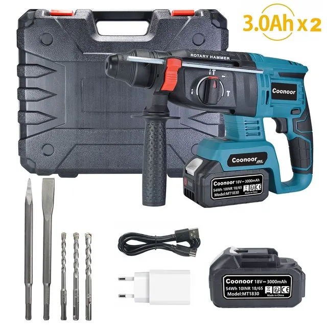 Martello perforatore a batteria SDS-Plus 21V, 3J, 2 batterie 3Ah, valigetta e punte cemento