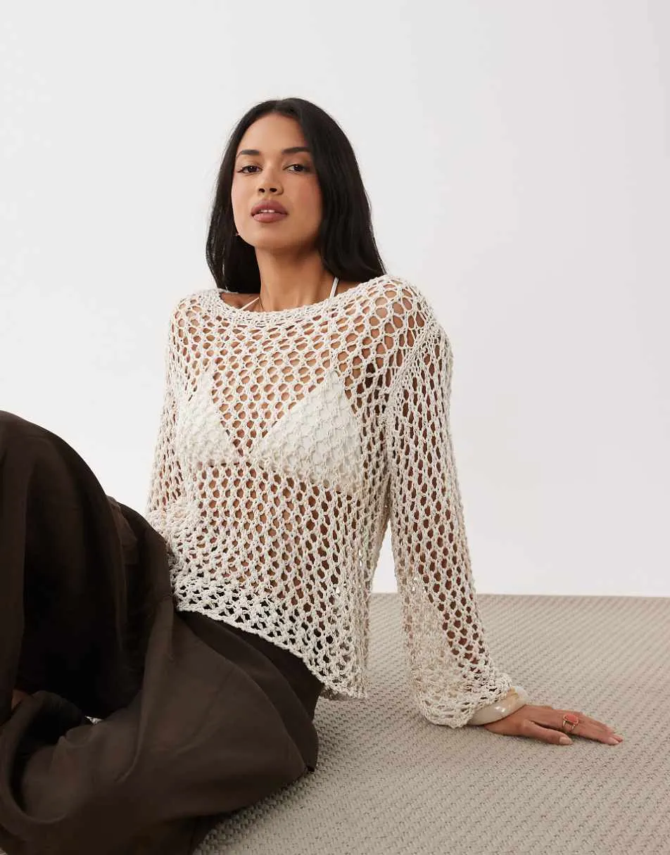 Gina Tricot open knit crochet top in neutral beige