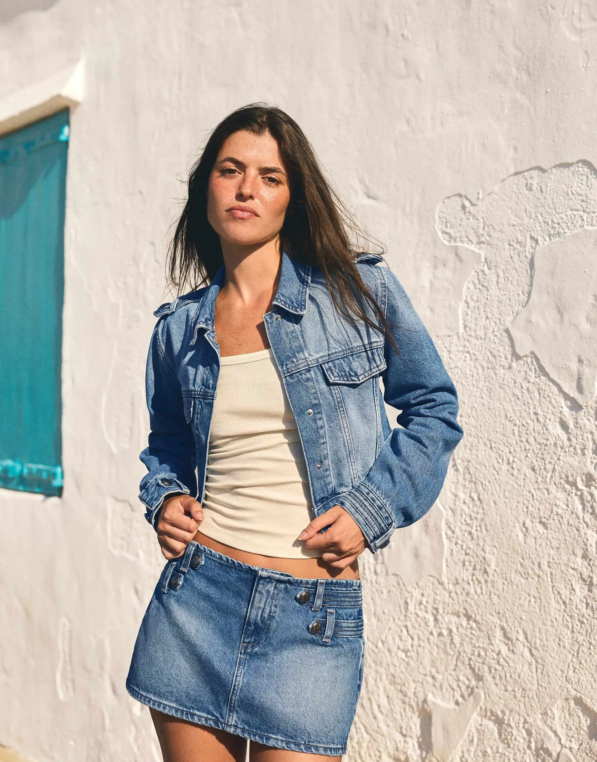 Bershka Cropped denim jacket in mid blue