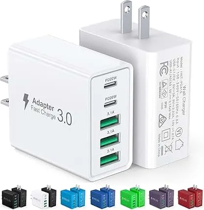 [2-Pack] USB C Wall Charger,50W 5-Port PD Fast USB C Charging Block,2USB C+3USB A Multiport Plug,Type C Power Adapter Brick Cube for iPhone 17/16/15/14/13/12/Pro Max/XS,iPad,for Switch,Samsung,Ultra 2 [2-Pack] USB C Wall Charger,50W 5-Port PD Fast…