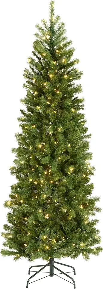 National Tree Company 6.5 ft Pre-Lit Downswept Douglas Fir Slim Artificial Christmas Tree, 300 LED Lights, 640 Tips, PowerConnect, Foot Pedal, 10 Light Functions, Includes Stand, Green