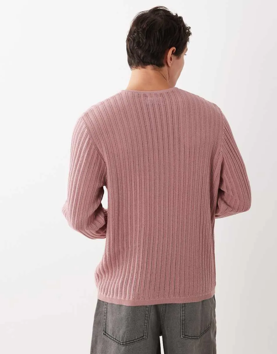 ASOS DESIGN knitted ribbed long sleeve crew neck t-shirt in pink