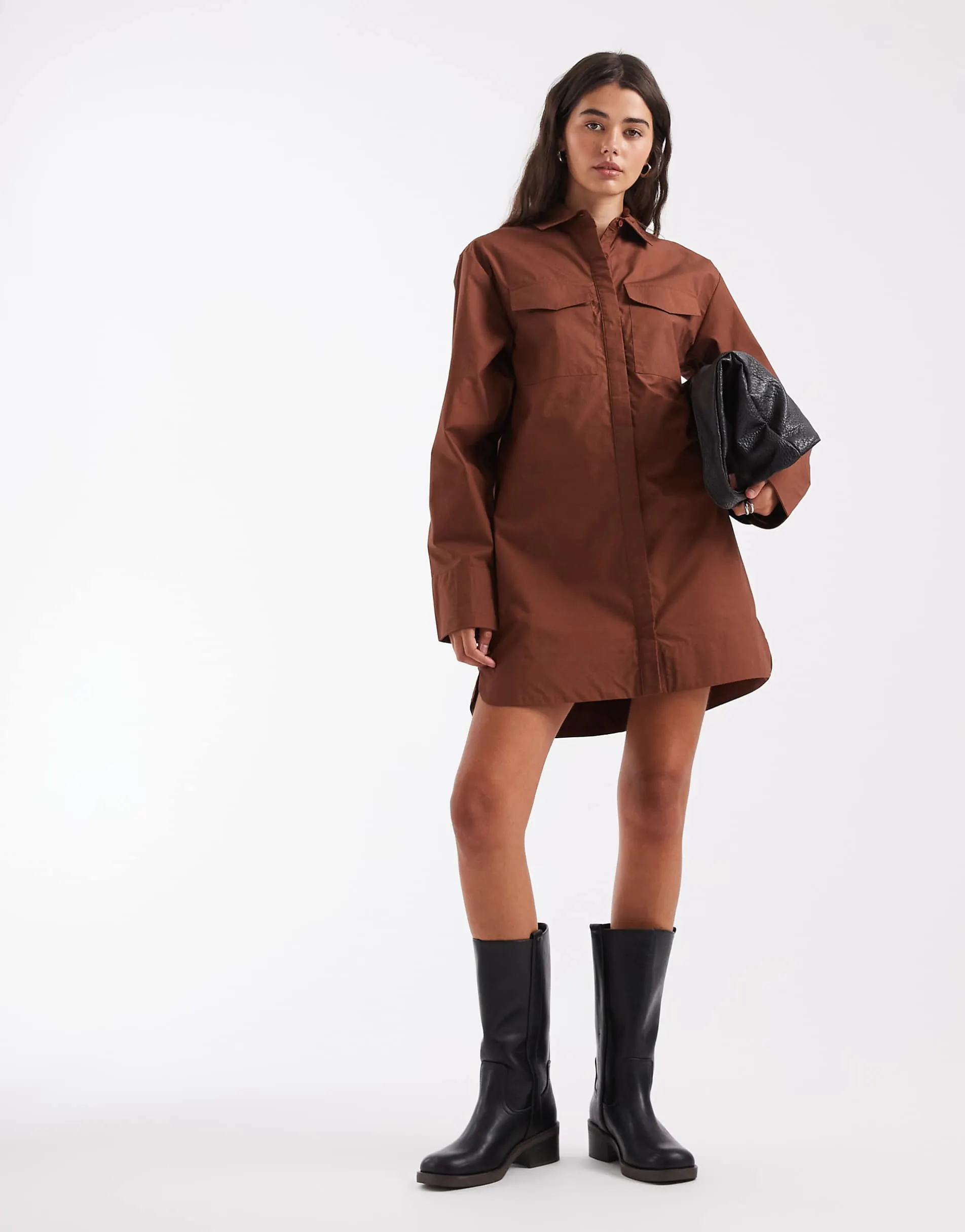 ASOS DESIGN poplin mini shirt dress with wide cuffs and oversized pockets in chocolate