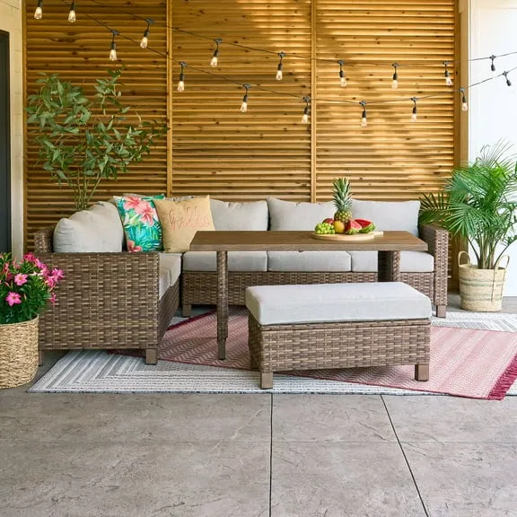 Better Homes & Gardens Brookbury 4-Piece Outdoor Wicker Patio Sectional Dining Set, Beige Cushions