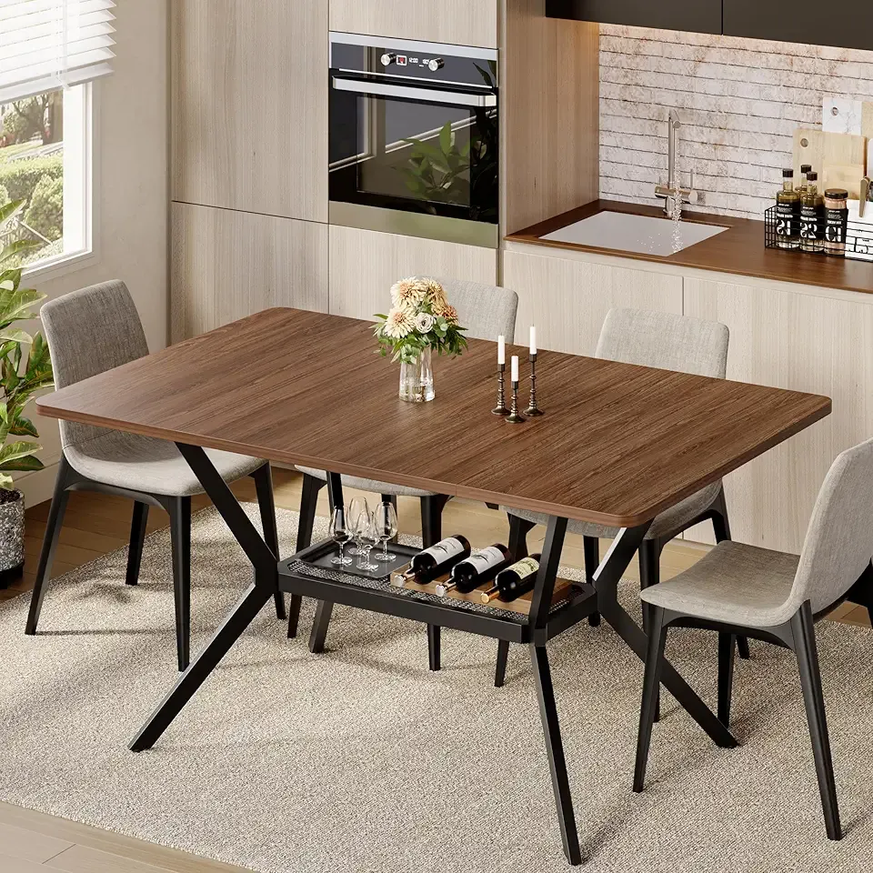 55 inch Dining Table for 4-6, Rectangle Kitchen Table with Storage Shelf, Space Saving Modern Farmhouse Design with Sturdy Metal Legs for Dining Room & Small Apartments