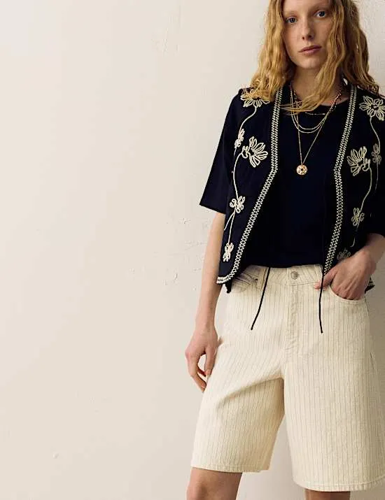 Cotton Rich Denim Striped Bermuda Shorts