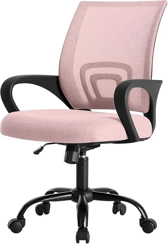 DUMOS Office Desk Chair - Ergonomic Mid Back with Lumbar Support & Rocking Mode, Height Adjustable with Fixed Armrest, Storage Back for Computer, Gaming, Conference, Meeting Room, 360° Swivel, Pink