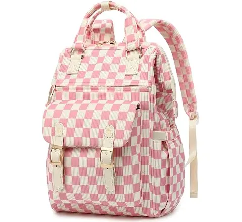 Lrenagao Laptop Backpacks for Women, Corduroy High School College Bookbag 15.6 Inch Laptop Bags for Girls Travel Daypack - Checkered Pink
