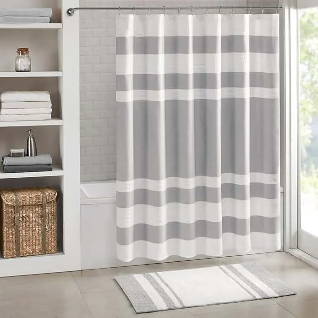 Madison Park Shower Curtain Waffle Weave Striped Pieced Design Fabric Shower Curtains for Bathroom with 3M Scotchgard Moisture Management Premium Spa Quality Modern Standard 72"x72" Grey