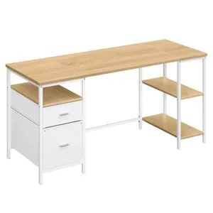 Mesa de escritorio de oficina de estilo moderno con 3 estantes y 2 cajones, 160x60x76 cm, roble natural y blanco
