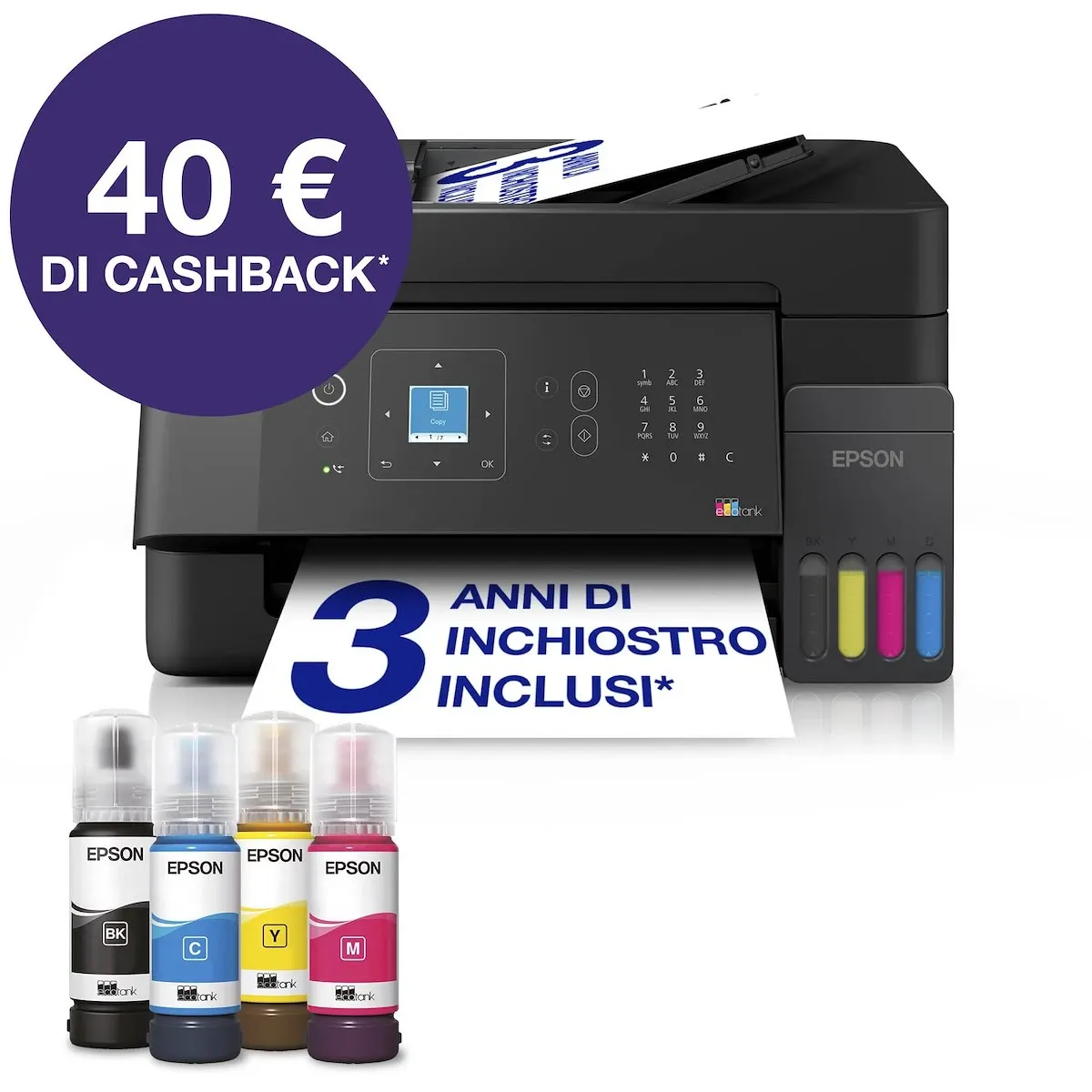 EPSON - EcoTank ET - 4905 stampante multifunzione A4 Wi - Fi con serbatoi di inchiostro, fino a 3 anni di inchiostro inclusi, 40 € di cashback1