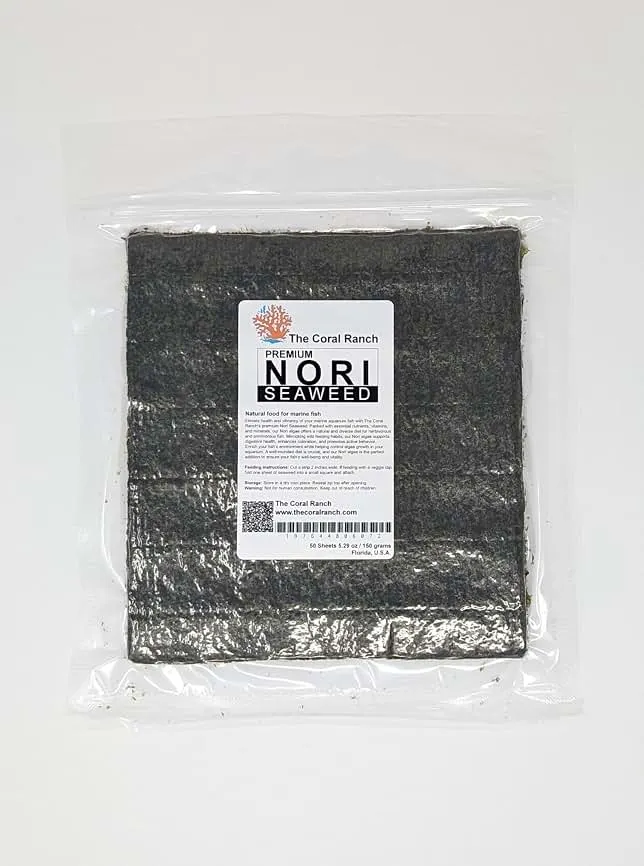 The Coral Ranch - Premium Nori Seaweed - 50 Sheets 8"x8" - Food for Tangs, Angelfish, Rabbitfish & Blennies - No Additives, Reef Aquarium-Grade - Resealable Pack (150 Gra…
