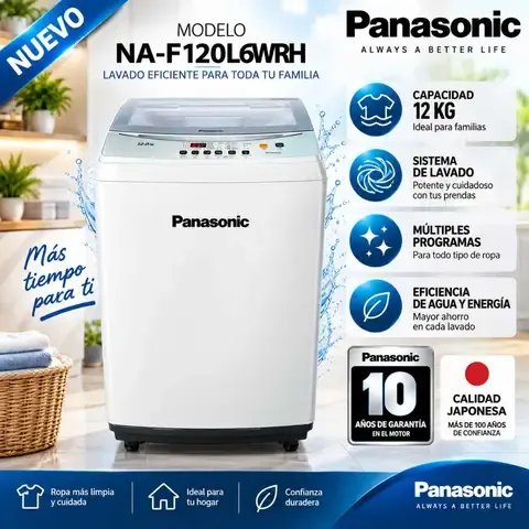 Lavadora Panasonic 12 Kg NA-F120L6WRH Gran Capacidad Color Blanco