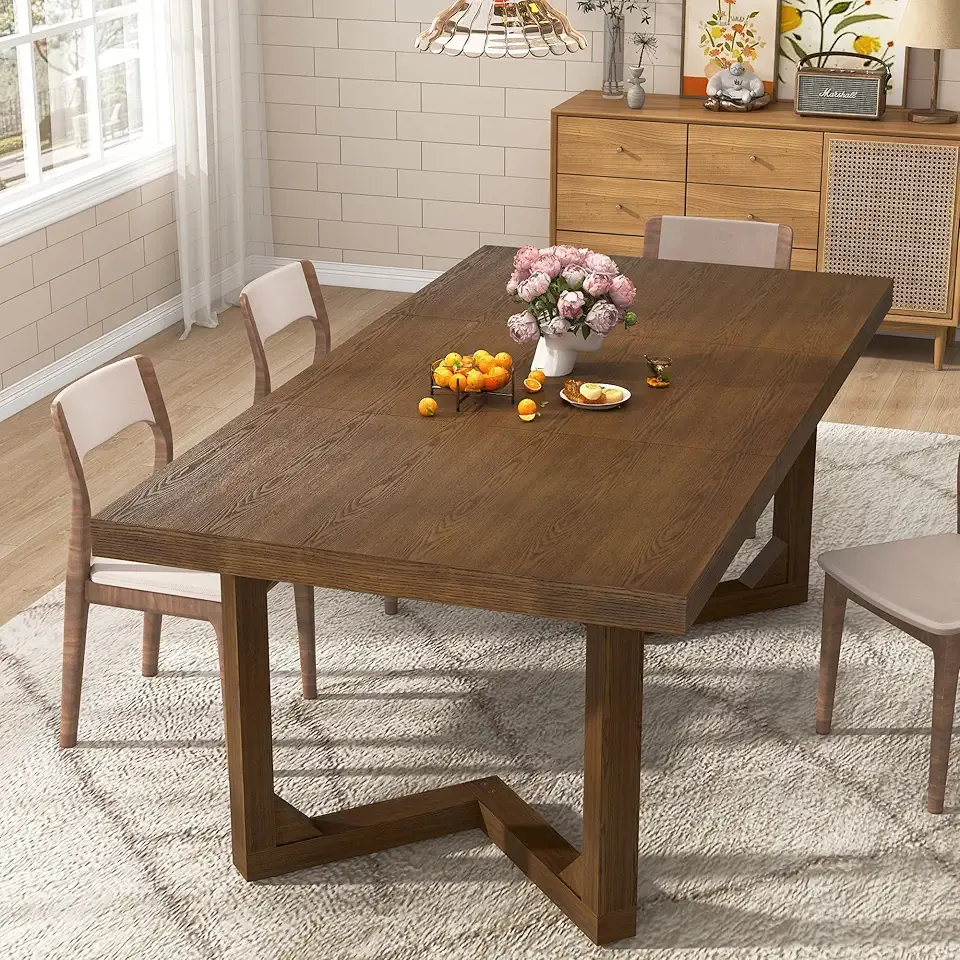 71 Inch Farmhouse Dining Table, Solid Wood Rustic Kitchen Table, Large Wooden Rectangular Dinner Table for Dining Room, Home Office, Living Room Furniture, Easy Assembly, Walnut Wirebrush
