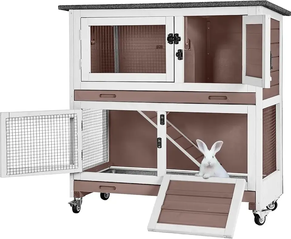 Rabbit Hutch Bunny Cage Wooden 2-Story Indoor Outdoor Small Animal House with Wheels, Two Removable Trays, Guinea Pig Cage (Brown)