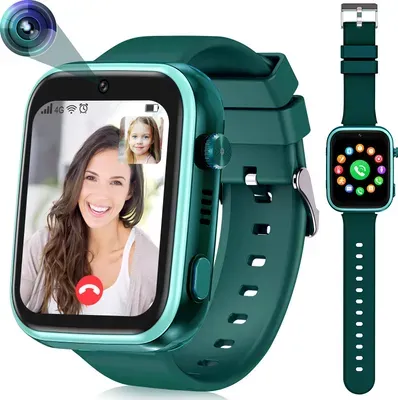 （Grün）Kinder-Smartwatch 4G mit GPS und Telefon, Smartwatch Kinder mit WLAN-Videoanruf-Kamera SOS, IP67 Wasserdichte Kinder-Smartwatch mit GPS-Echtzeitortung, Musik-Video-Player, Alarm