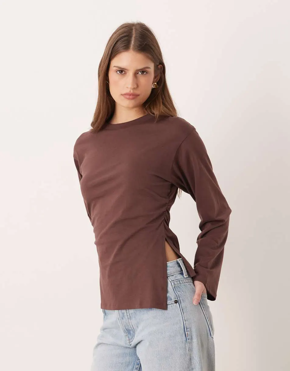 ASOS DESIGN waisted side spilt hem long sleeve tee in brown