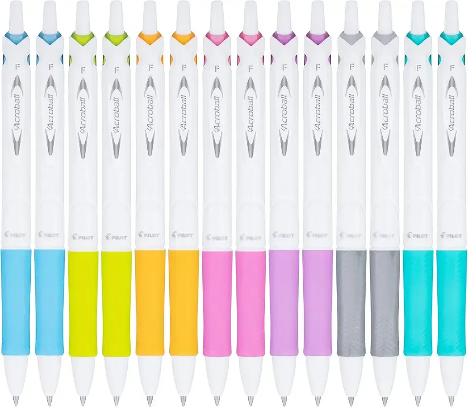 PILOT Acroball PureWhite Advanced Ink Refillable & Retractable Ball Point Pens with Assorted Accents, Fine Point, Black Ink, 14-Pack (14691)