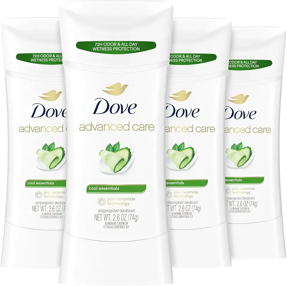 Dove Advanced Care Antiperspirant Deodorant Stick Cool Essentials 4 ct for helping your skin barrier repair after shaving 72 hour odor control and sweat protection with Pro Ceramide Technology 2.6 oz