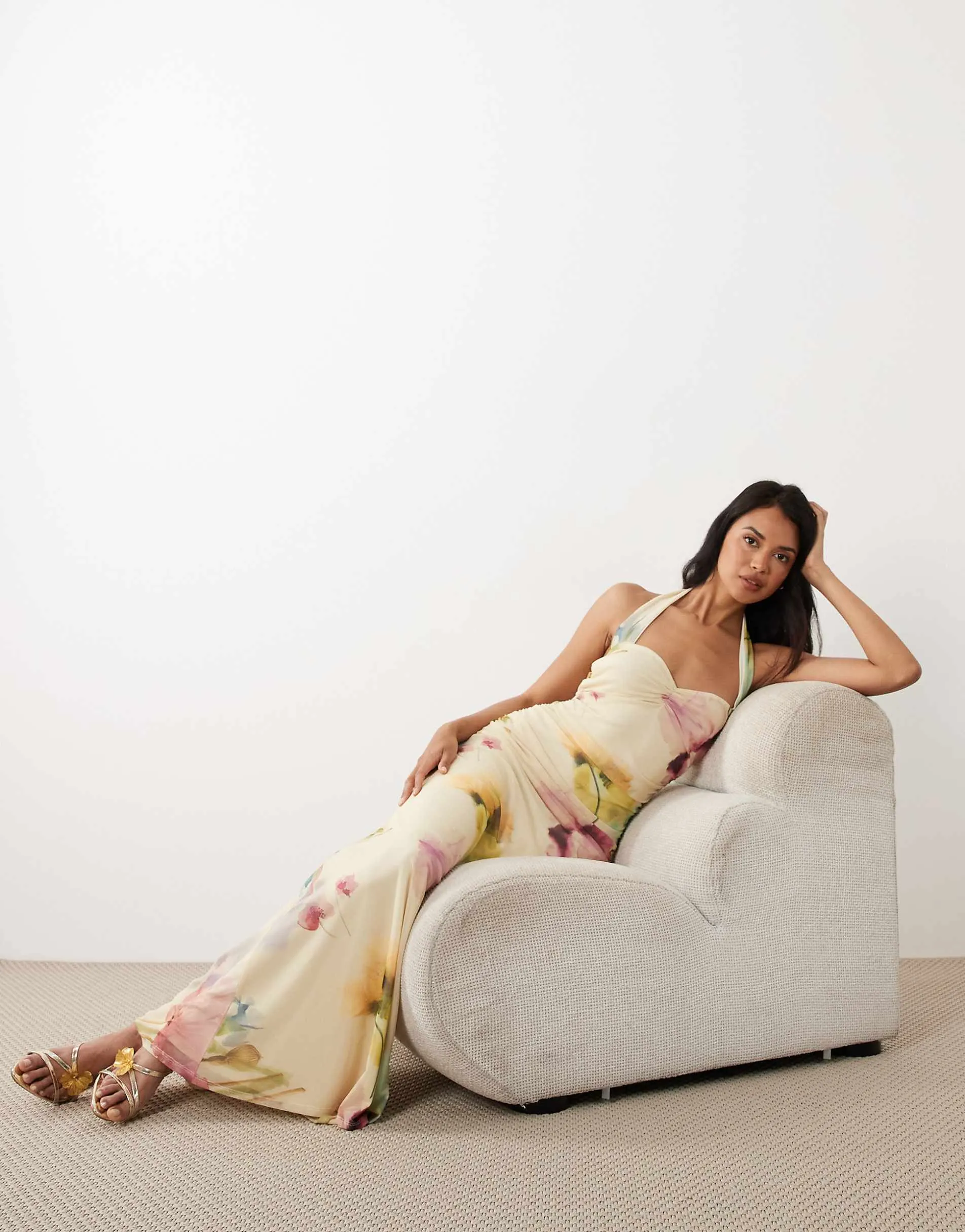 ASOS DESIGN floral printed sweetheart neck mesh fishtail maxi dress in buttermilk